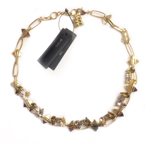 BCBG NECKLACE CHAIN COLLAR GOLD TONED SPIKE PINK PAPER CLIP LINK